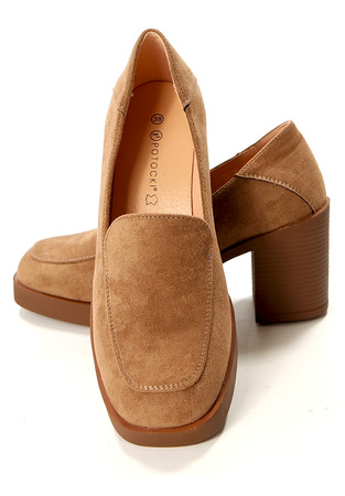 Damskie beżowe khaki zamsz półbuty wysoki słupek Potocki