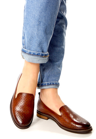 Damskie brązowe baleriny półbuty ażurowe na klocku Potocki