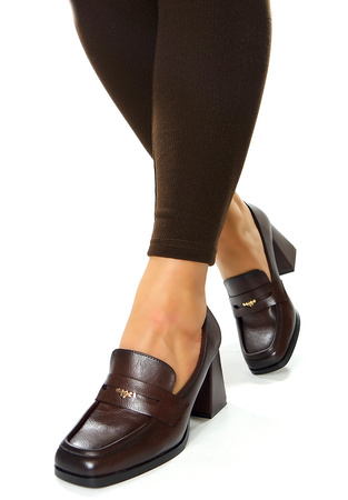 Damskie brązowe czekoladowe półbuty kwadratowe na słupku 12710 Potocki
