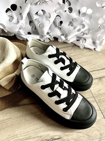 Damskie biało czarne trampki ze skóry naturalnej