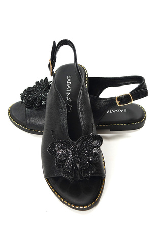 Damskie czarne płaskie sandały z motylem wkładka skórzana